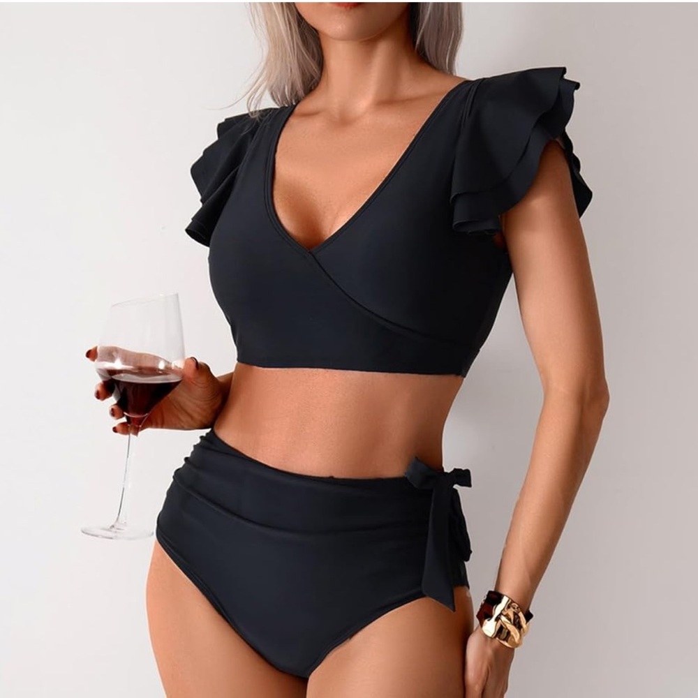 Women Ruffle High Waist Swimsuit Two Pieces Black Bikini NWT Size L